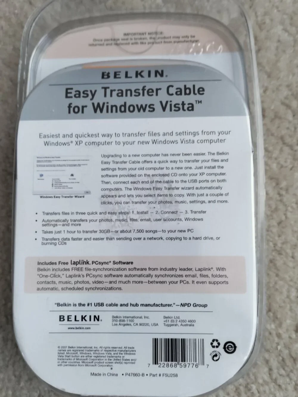 New Belkin Easy Data Transfer Cable for Windows Vista 8 ft F5U258